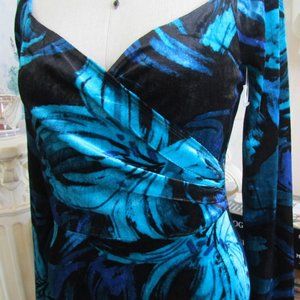 TURQUOISE BLUE PARTY DRESS, S, BODYCON V-NECK FAUX WRAP LONG SLEEVE VELOUR PRINT